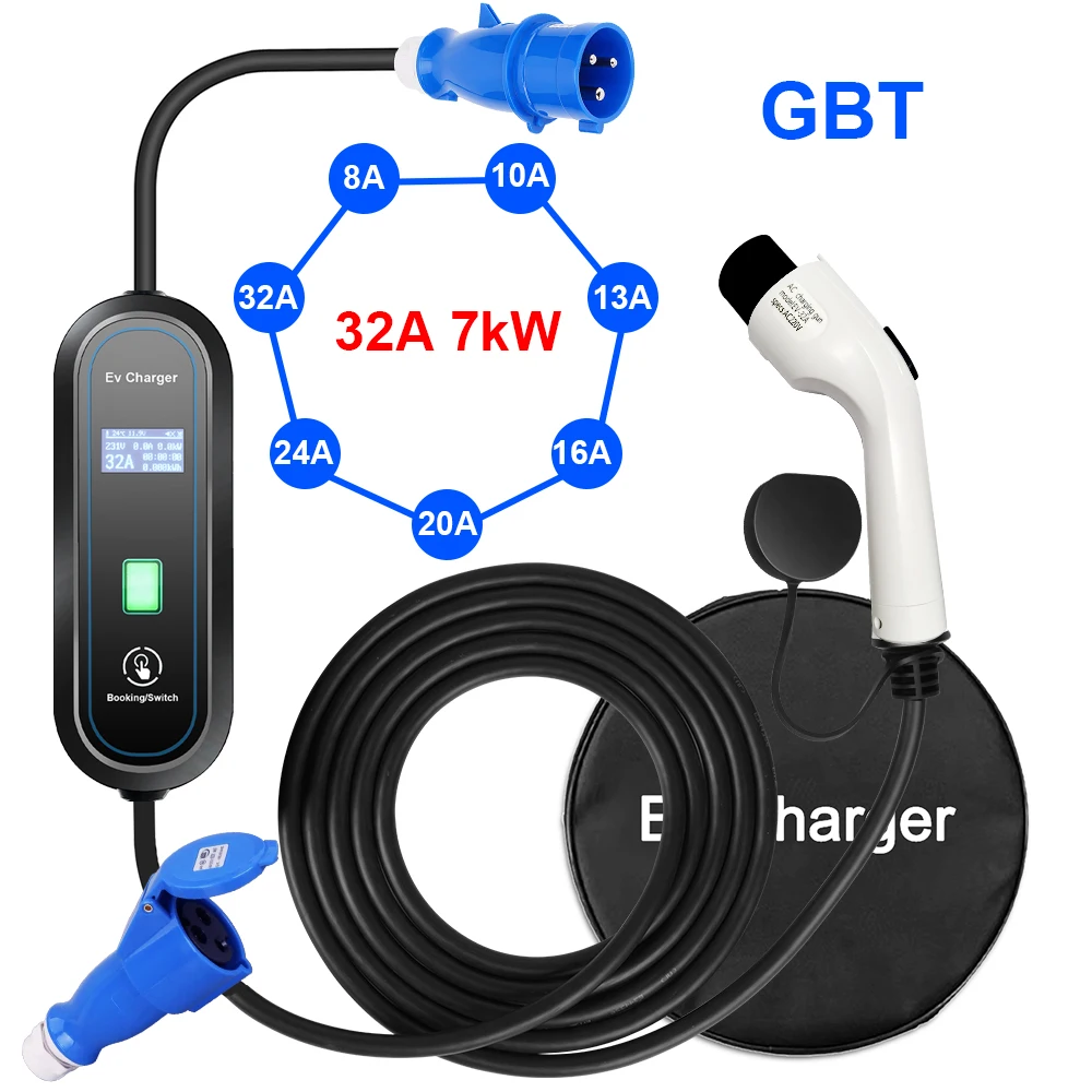 

Teschev 7kW 32A 1Phase Type2 Portable EV Charger 220V EVSE GBT Charging Cable 5m CEE Plug Type1 Wallbox for Electric Car