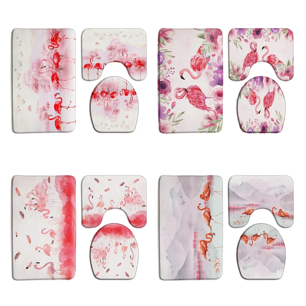 

Watercolor Pink Flamingos Bath Mat Sets Ink Painting Nature Landscape Birds Bathroom Rugs Toilet Lid Cover Shower Carpet Doormat