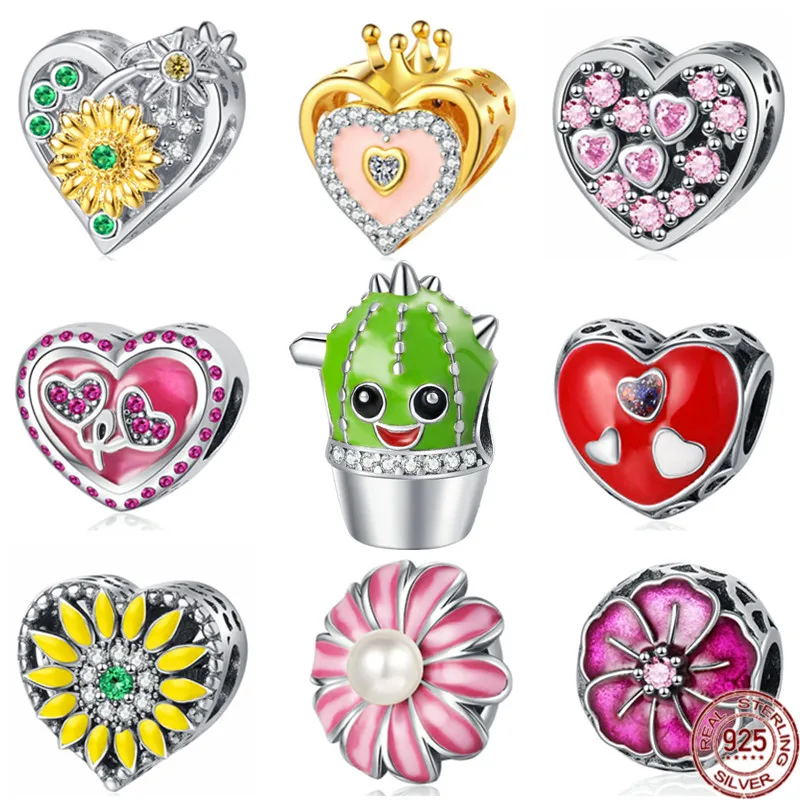 

New Cactus Daisy Flower Heart Charm Bead 925 Sterling Silver Gift for Women Fit Original Pandora Bracelet Bangle DIY Jewelry