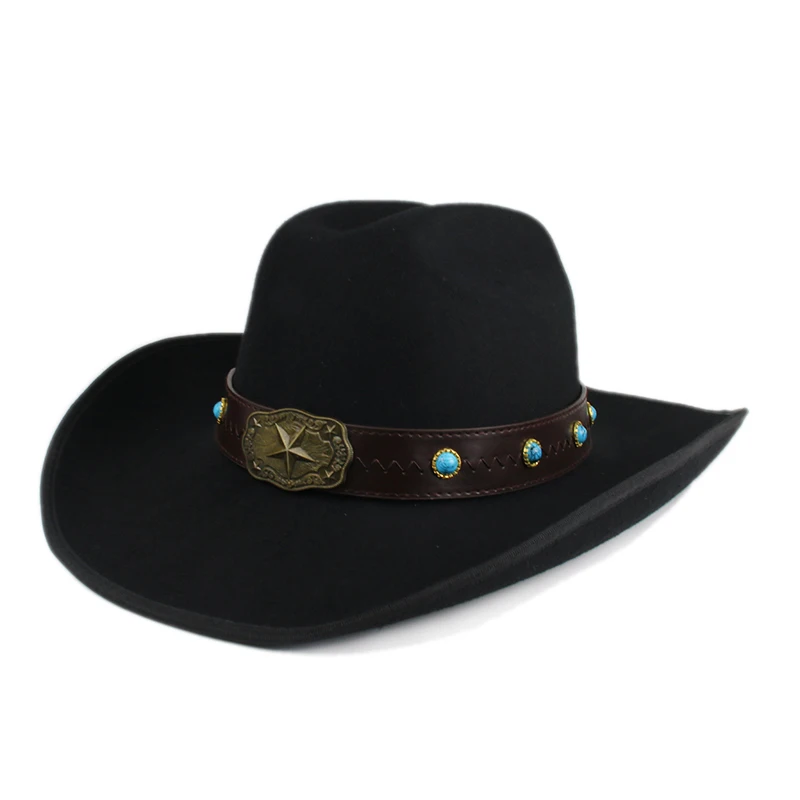 

Retro Classic Vintage Stars Leather Band Autumn Winter Warm Women Men Felt Yellowstone Cap Cowboy Hat 56-59cm Adjust