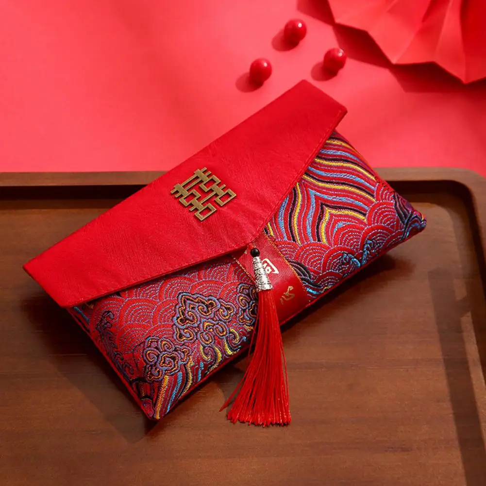 

Свадебный конверт китайский новогодний наличный конверт из искусственного шелка с вышивкой с рисунком дракона кисточкой держатель для денег на новый год