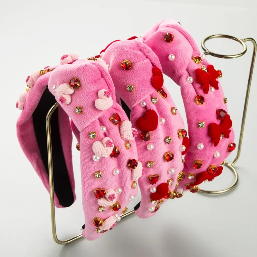 

European and American New Girl Pink Flannel Rhinestone Pearl Love Headband High Sense Valentine's Day Series Hair Accessories