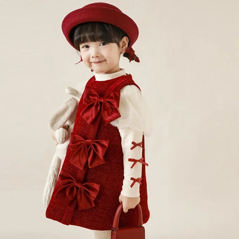 

Детское рождественское платье, осенне-зимнее бархатное плотное платье с бантом для девочек, рождественское платье для девочек, красные детские платья 90-130 см