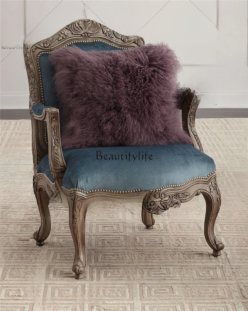 

French Solid Wood Single New Classical Carved Solid Wood Sofa Chair American Country Fabric Single Leisure Chair