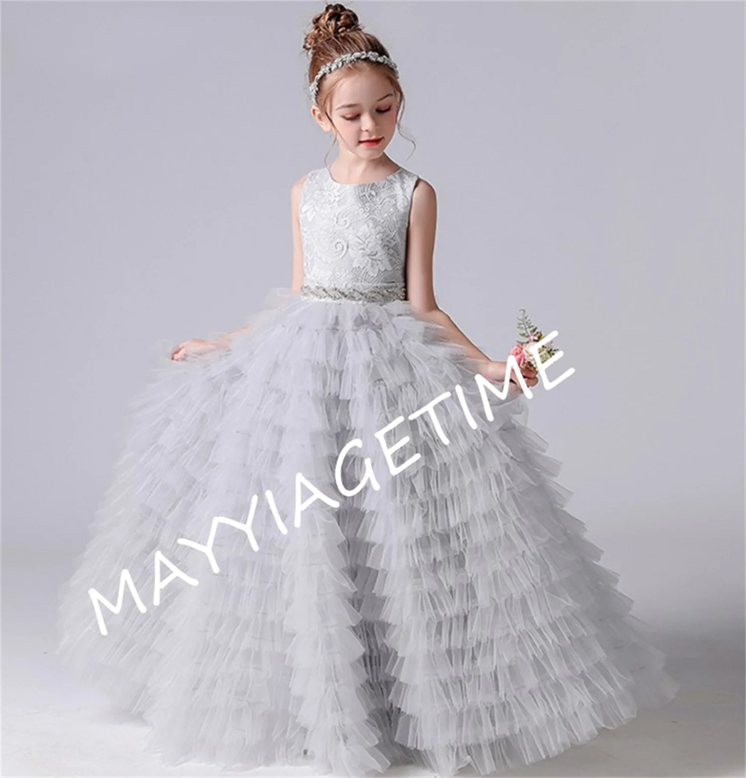 

Long Girls Formal Princess Gowns 2023 Tiered Flower Girl Dresses For Wedding Party Tulle Junior Bridesmaid Dress