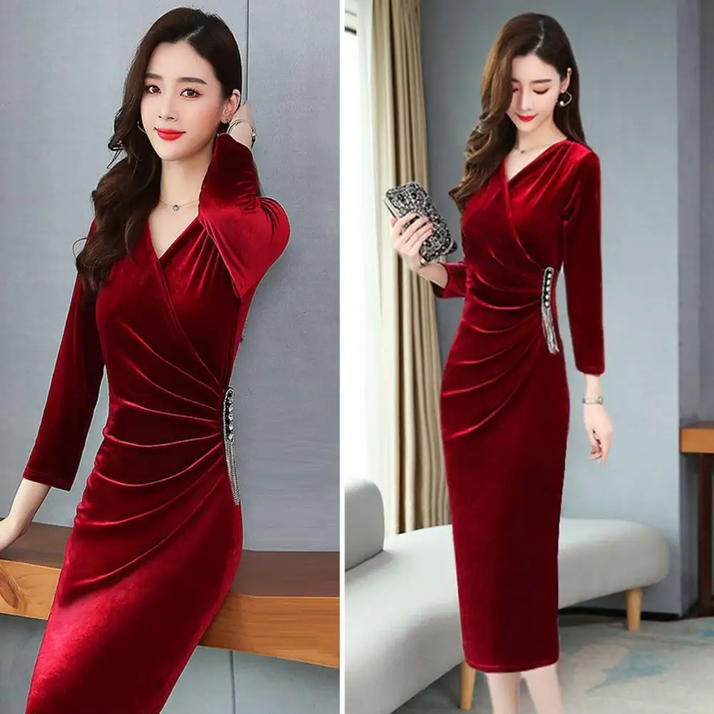 

Women Elegant Dress Elegant V Neck Rhinestone Decor Evening Dress for Women Pleated Tight Waist Knee Length Sheath Prom Party