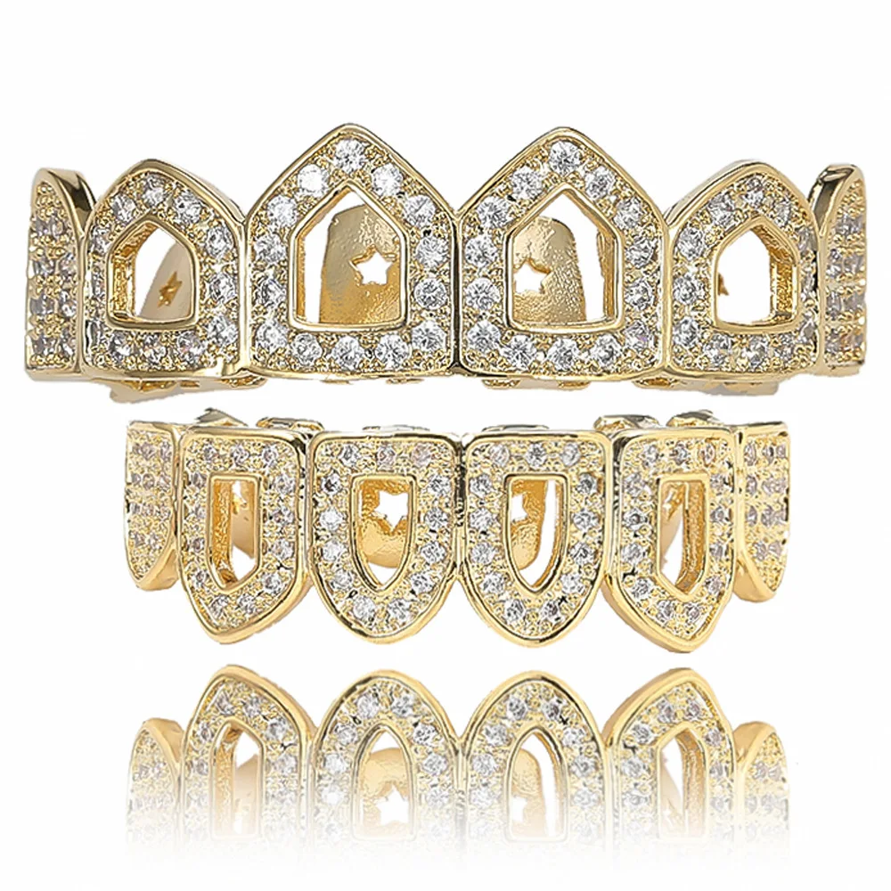 

Hiphop Iced Out Zircon Hollow Teeth Grills Gold Plated Body Piercing Rapper Jewelry Cubic Zirconia Tooth Grillz Top Bottom 8/8