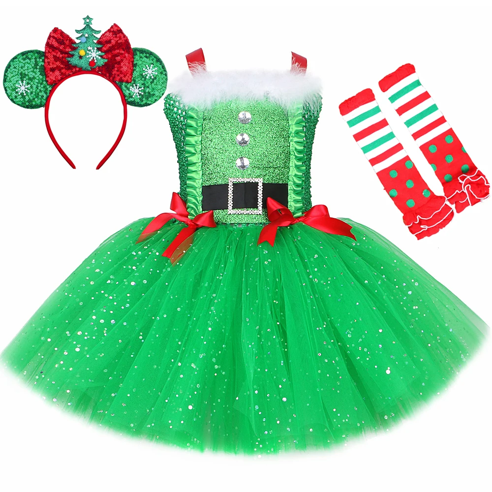 

Sparkly Girls Christmas Tree Costume Tutu Dress Toddler Baby Kids Xmas Outfit Glittery Green Elf Children Christmas Clothes Set