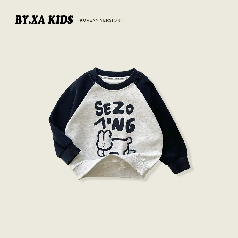 

Весна 2024, детские пуловеры для мальчиков, корейский контрастный верх для мальчиков, повседневный свитшот с мультяшным кроликом для маленьких мальчиков