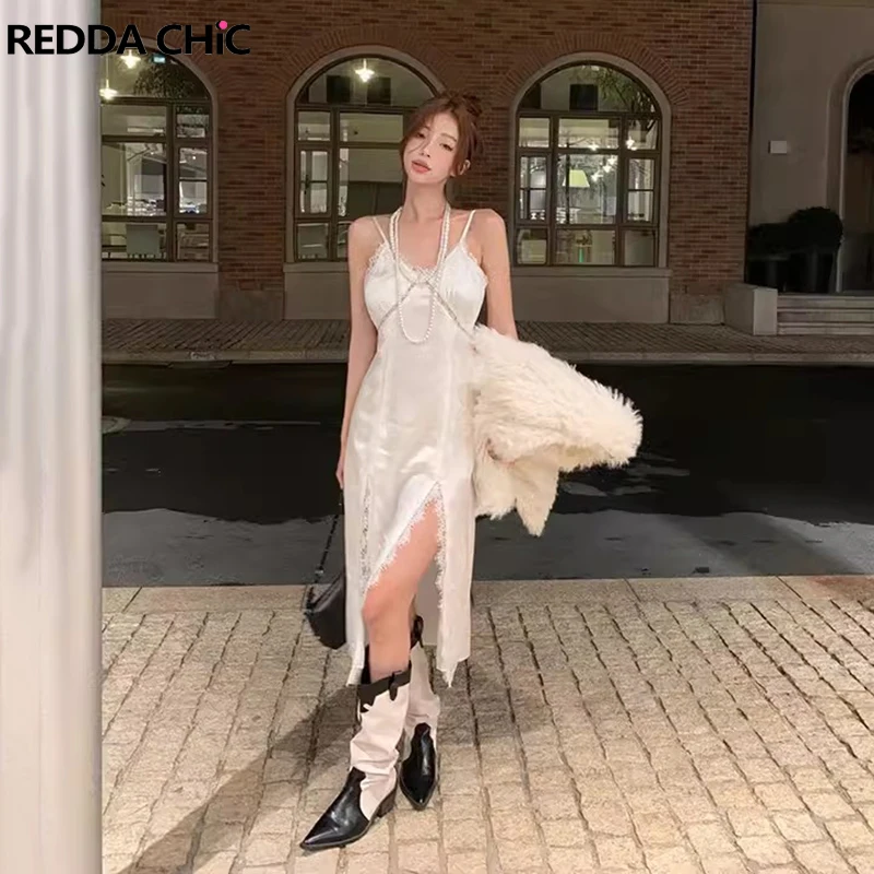 

ReddaChic Retro White Satin Women Long Dress with Slit Stitch Lace V-neck Sleeveless Cami Dress Open Leg Korean Desire One-piece