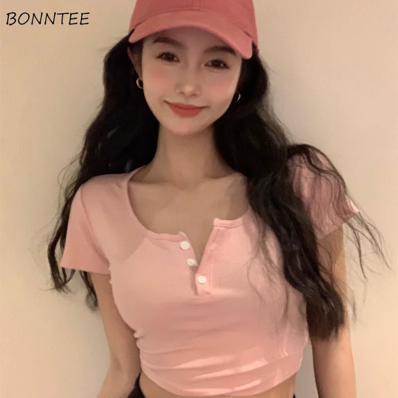 

T-shirts Women O-neck Pure Color Basics Crop Tops Casual Buttons Chic Summer All-match Korean Style Tender Fashion Simple Teens
