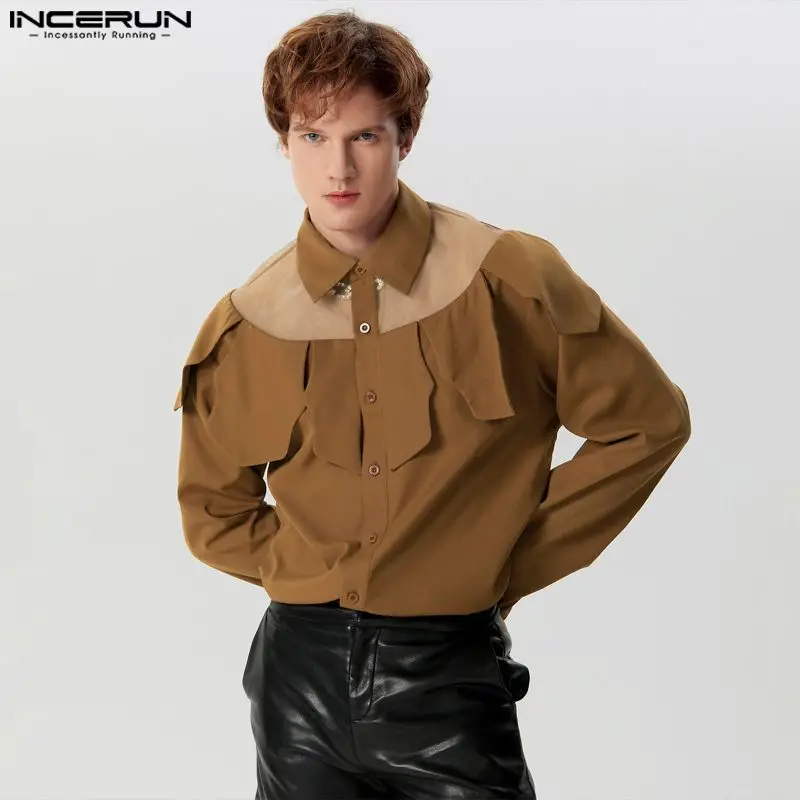 

INCERUN Tops 2024 American Style Men's Mesh Splicing Multi Piece Style Shirts Casual Party Shows Male Long Sleeved Blouse S-5XL