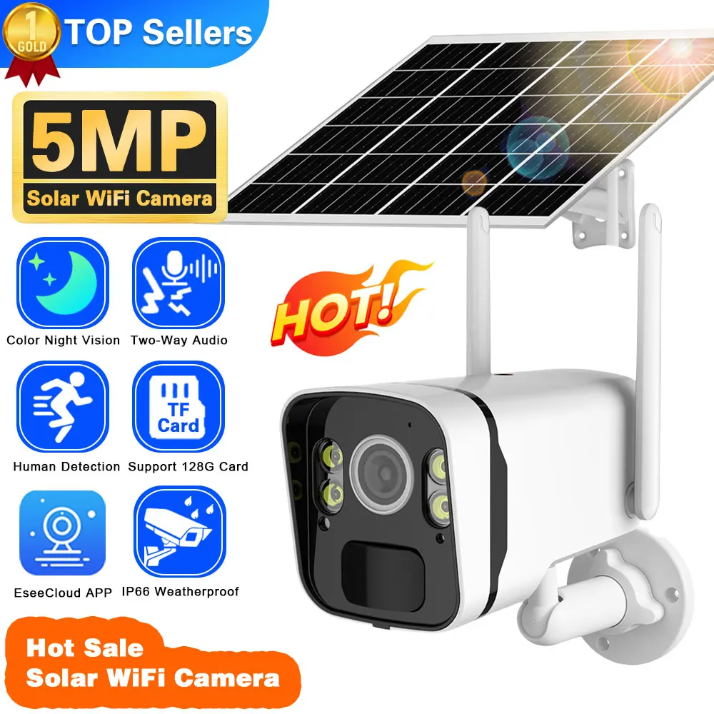

5MP WiFi Solar Bullet Camera Color night vision Camera with Solar Panel Rechargeable Battery waterproof Monitoring CCTV Camera