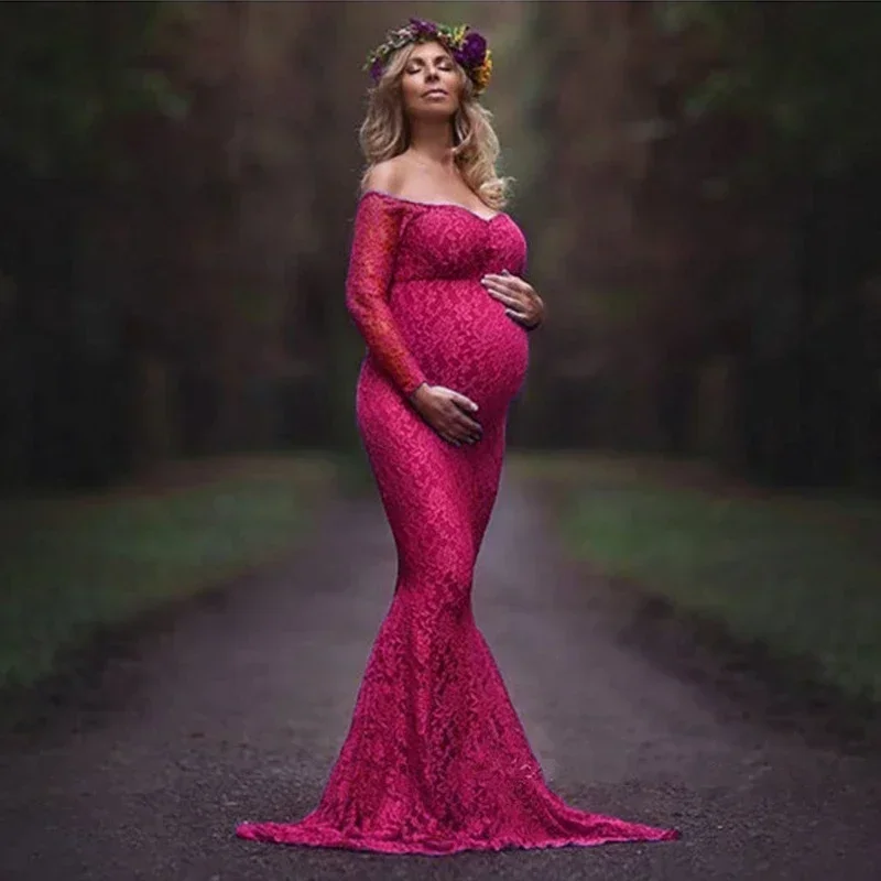 

2023 Mermaid Maternity Dresses for Photo Shoot Lace Maxi Maternity Gown Off Shoulder Sexy Women Pregnancy Dress Photography Prop