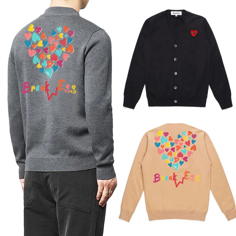 

Break Egg Men Cardigan Heart Glasses Embroidery Back Colorful Love Letter Printing Cotton V-neck Single-breasted Autumn Sweater