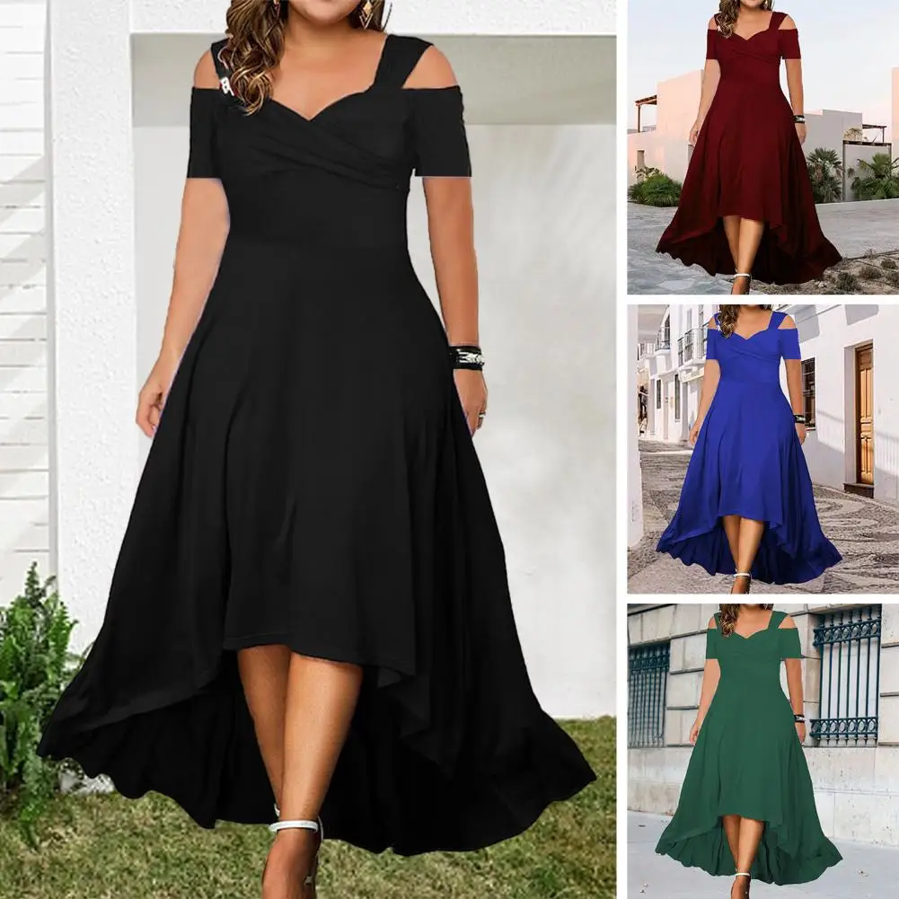 

Flowy Long Dress Elegant Plus Size Off-shoulder Summer Dress with Flared Hem V-neck for Women Stylish Party Wear in Solid Color