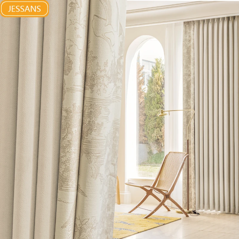 

Milk Tea Jacquard Stitching Thickened Chenille Blackout Curtains for Living Room Bedroom French Window Balcony Customized