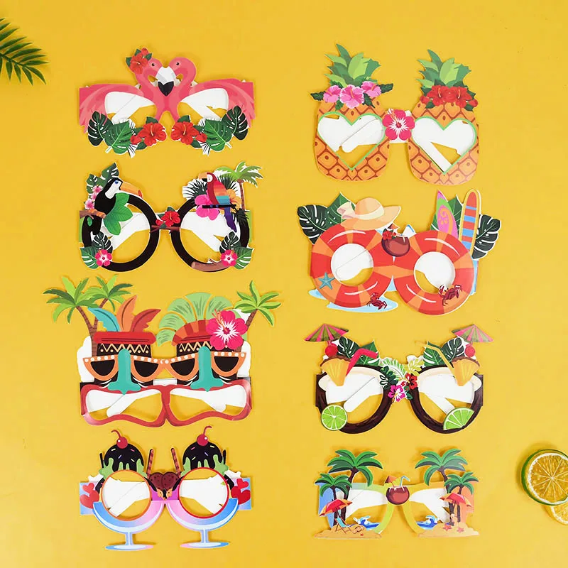 

8pcs Hawaii Aloha Theme Pineapple Flamingo Paper Glasses Tropical Hawaiian Luau Pool Beach Party Decor Funny Glasses Photo Props