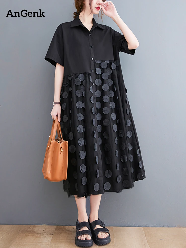 

Black Mesh Spliced Polka Dot Summer Shirt Dress Women New Short Sleeve Loose Casual Fashion Long Dress Elegant Clothes 2024