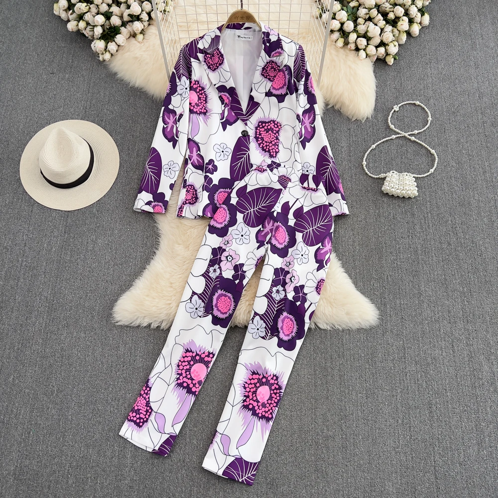 Fashion Suit Women Printed Suit Collar Single Row Long Sleeve Jacket Two Piece Casual High Waist Small Feet Long Pants
Fashion Suit Women Printed Suit Collar Single Row Long Sleeve Jacket Two Piece Casual High Waist Small Feet Long Pants