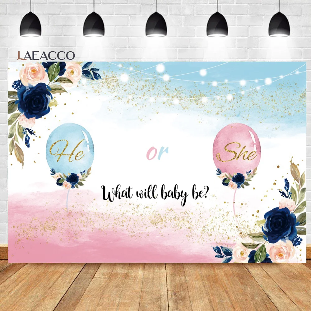 

Laeacco Balloon Gender Reveal Backdrop He or She What Will Baby Be Watercolor Flower Glitter Baby Shower Photography Background