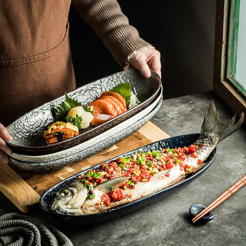 

Японские керамические обеденные тарелки, плоская тарелка 16 дюймов с рисунком рыбы на пару, Длинные десертные блюда, кухонная посуда для дома и ресторана