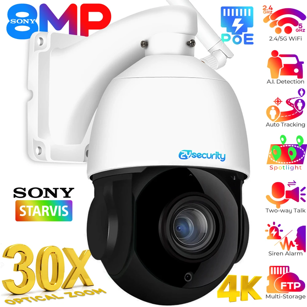 

4K 8MP 30X Zoom PTZ IP Camera Outdoor Human/Car Detect Auto Tracking Speed Dome Camera 80M IR Wifi PoE CCTV Surveillance Cameras