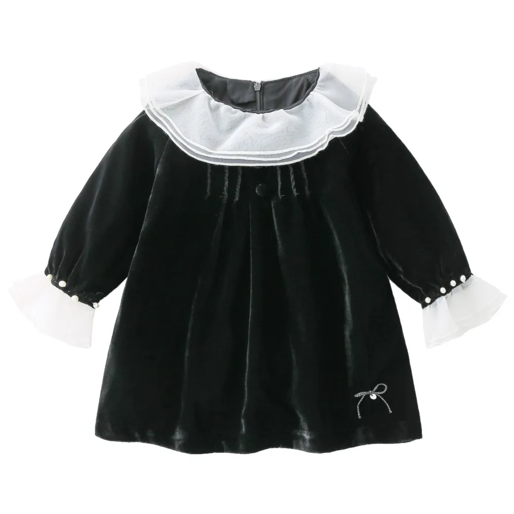 Осенняя Новинка, детская одежда, платье с длинным рукавом для девочек 1-3 лет, милое и элегантное черное бархатное платье
