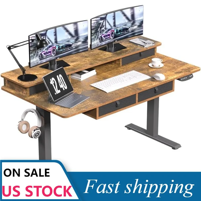 

ExaDesk 55 * 30 Inches Electric Standing Widened Desk Adjustable Height with 4 Drawers, Double Storage Shelves Stand Up Desk