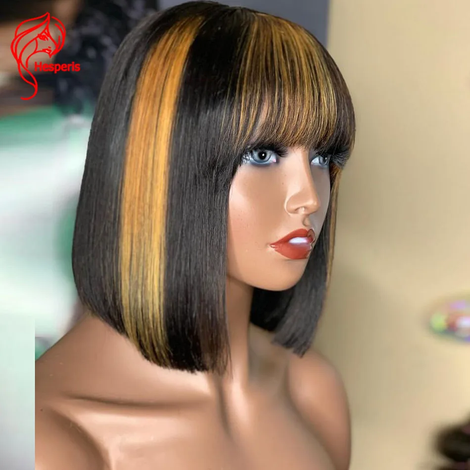 

Hesperis Blonde Highlight Human Hair Wig With Bangs Remy Brazilian Hair Scalp Top Full Machine Made Wig Fro Women Short Bob Wig