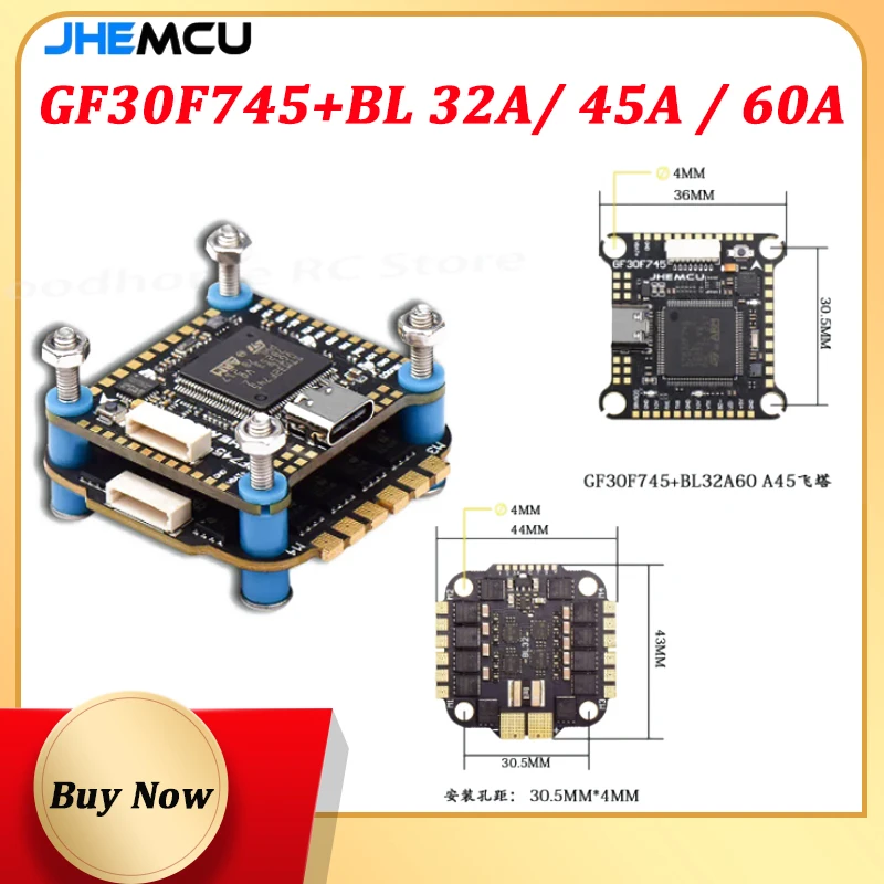 JHEMCU F745 Flight Controller Stack GF30F745-MPU Flight Controller BLHELI_32 45A / 60A 4in1 ESC 3-6S 30X30mm for RC FPV Drone
JHEMCU F745 Flight Controller Stack GF30F745-MPU Flight Controller BLHELI_32 45A / 60A 4in1 ESC 3-6S 30X30mm for RC FPV Drone