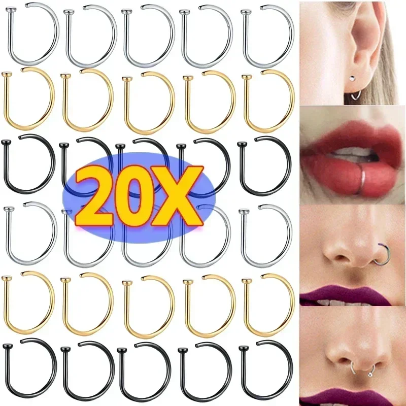 

2/4/10/20pcs Fashion Surgical Steel Punk Open D Rings Nose Hoop Ring Nostril Studs Septum Ring Earring 18G 20G Body Piercing