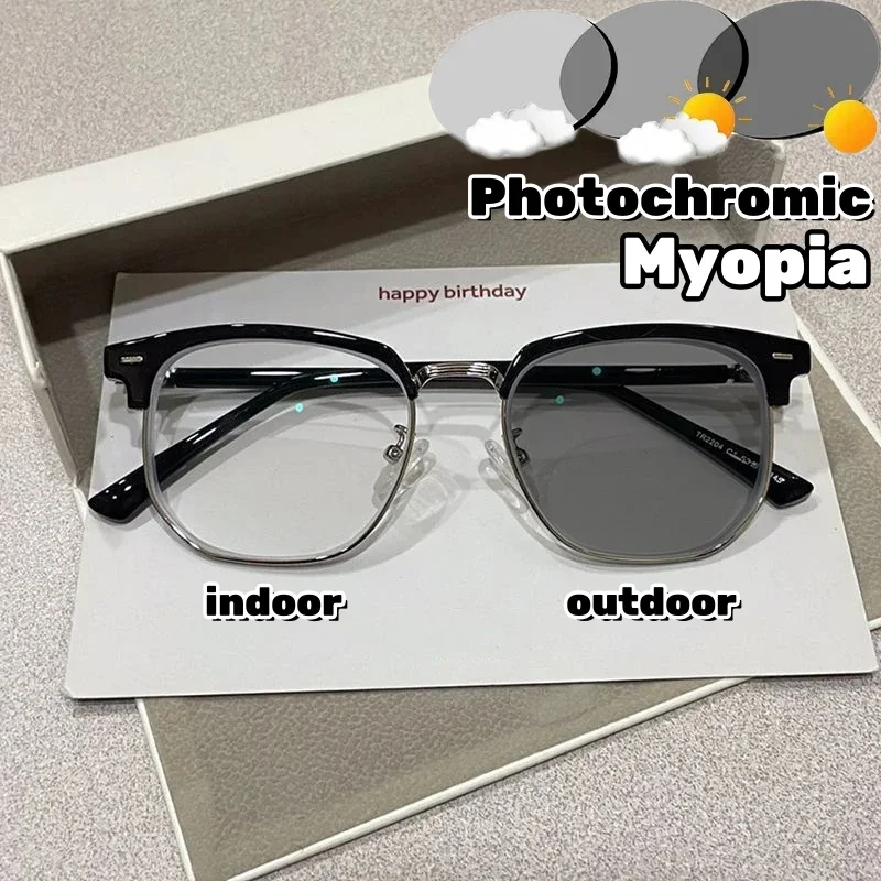 

Photochromic Half Frame Myopic Glasses Outdoor Color Changing Near Sight Eyeglasses Anti-Blue Light Short Sight Eyewear