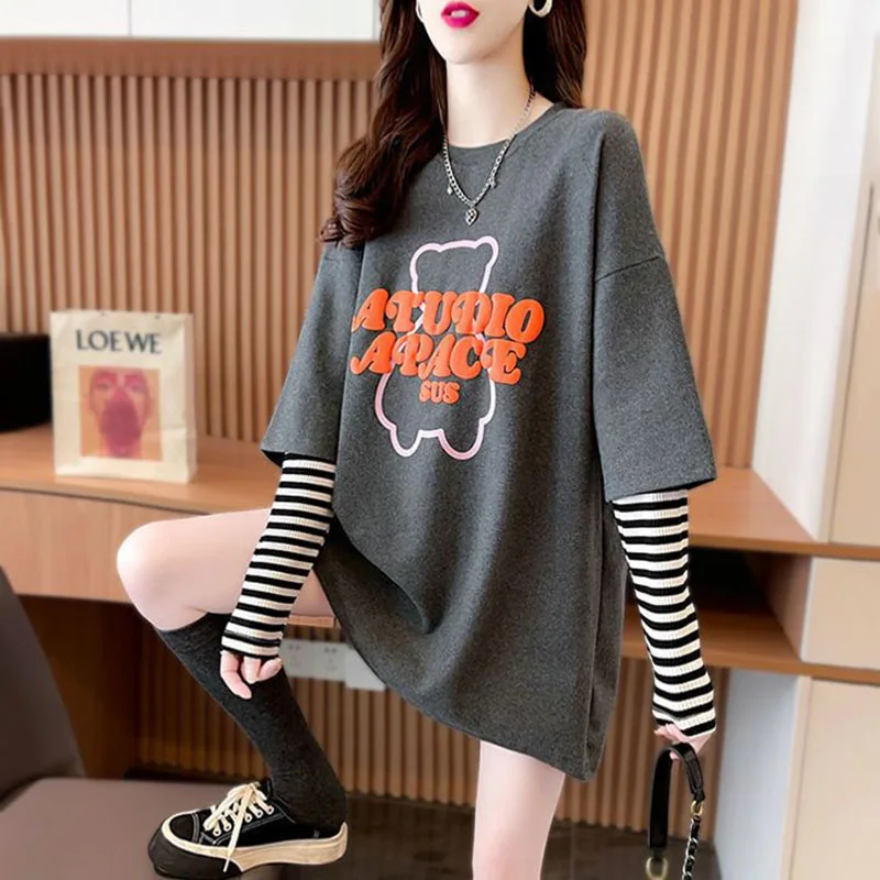 

Fashion Striped Spliced Fake Two Pieces Letter T-Shirt Female Clothing 2023 Autumn New Korean Pullovers Loose Casual Tee Shirt