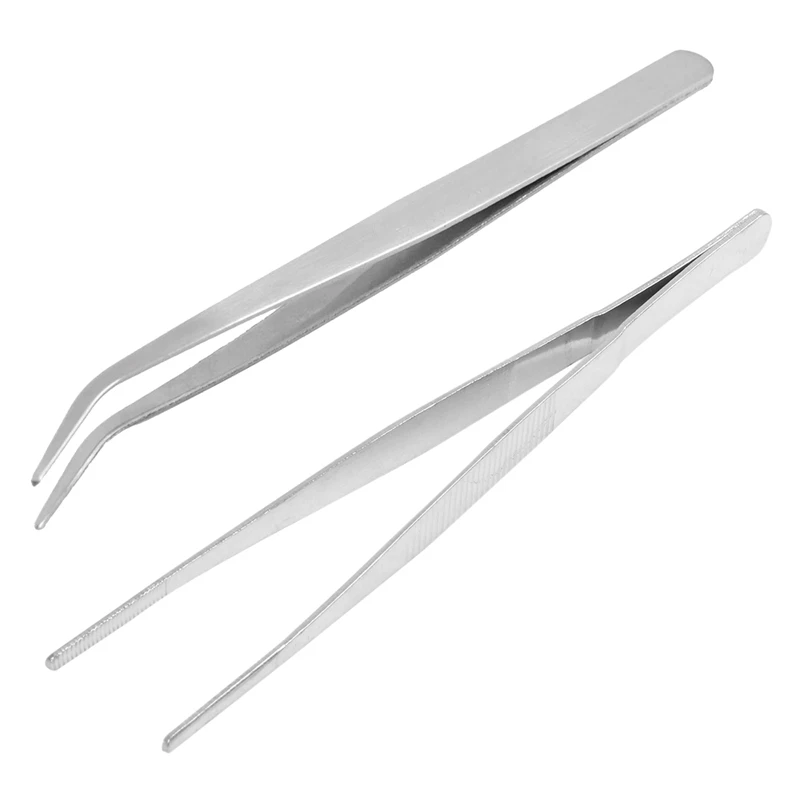 

Promotion! 5.9 Inch Long Silver Tone Bent Curved Tip Tweezers & Nonslip Striped Straight Stainless Steel Tweezers 7 1/2 Inch