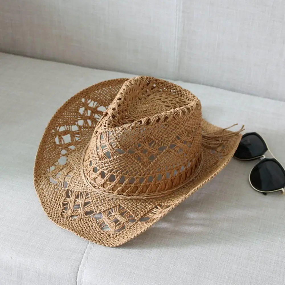 

Cowboy Hat Classic Vintage Hollow Out Unisex Curled Edge Wide Brim Men Sun Hat Fishing Hat Handmade Travel Beach Sunshade Cap