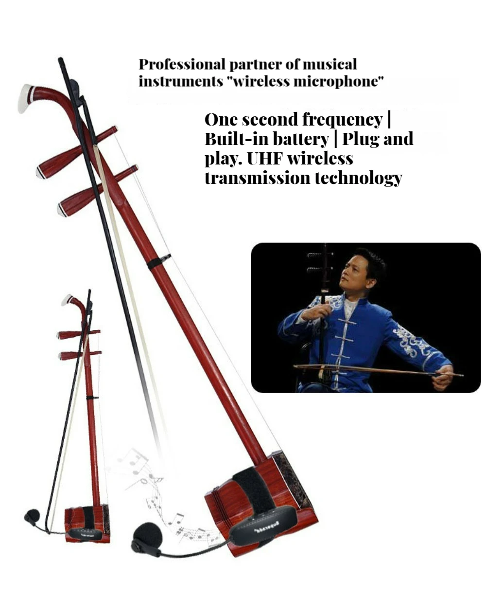 

UHF Musical Instrument Wireless Microphone Receiver Transmitter Stage Performance Sound Pickup for Horn Trumpet Clarinet Erhu