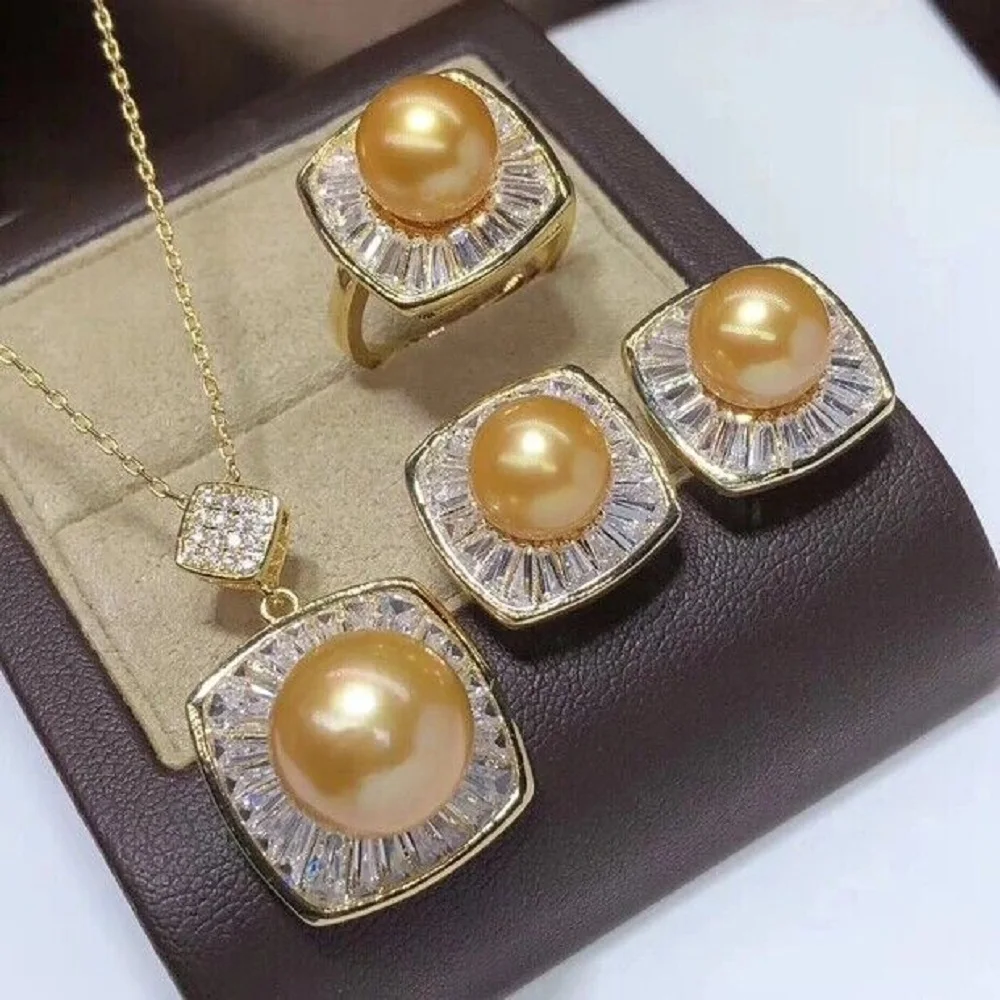 

Лидер продаж, великолепные золотые серьги AAAA 9-10 мм южного моря, серьги с жемчугом и кольцо, набор 925S