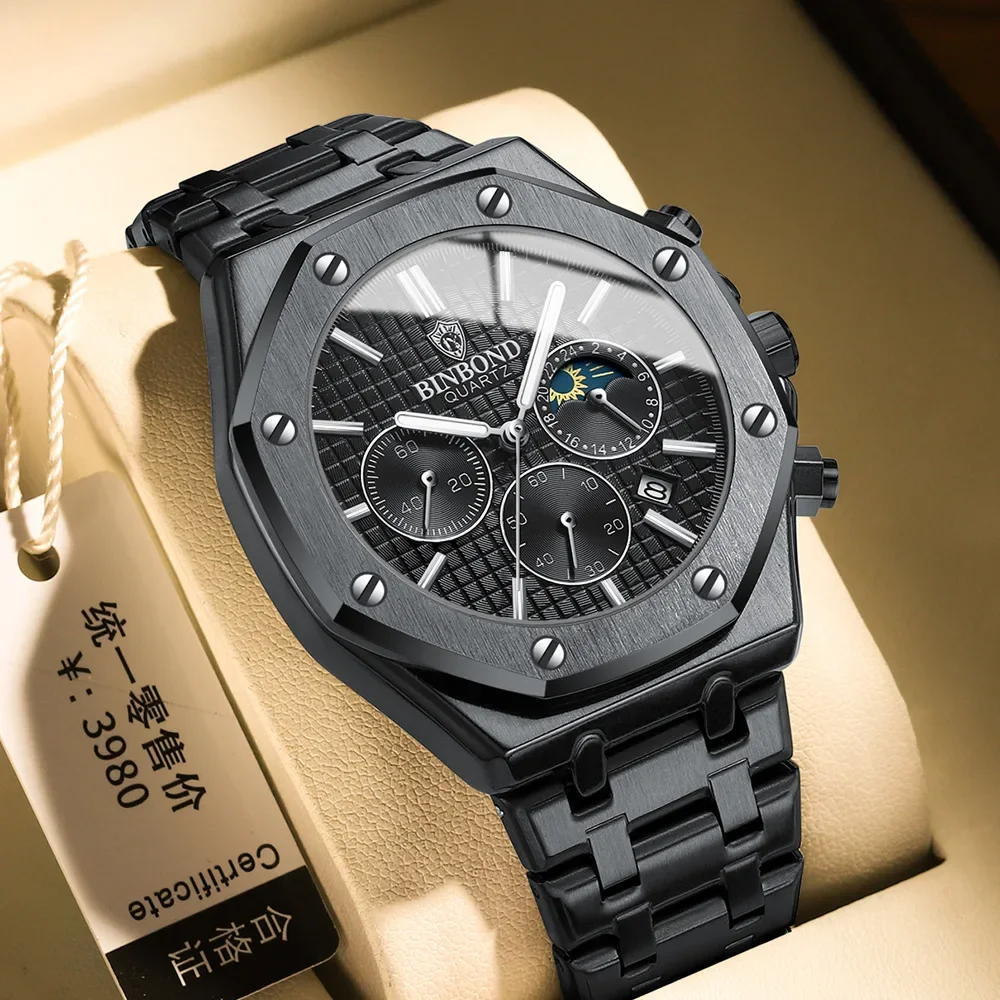 

Hot selling0161 binbang high-end three eye six needle multifunctional lunar steel band multi-functional men's watch watch