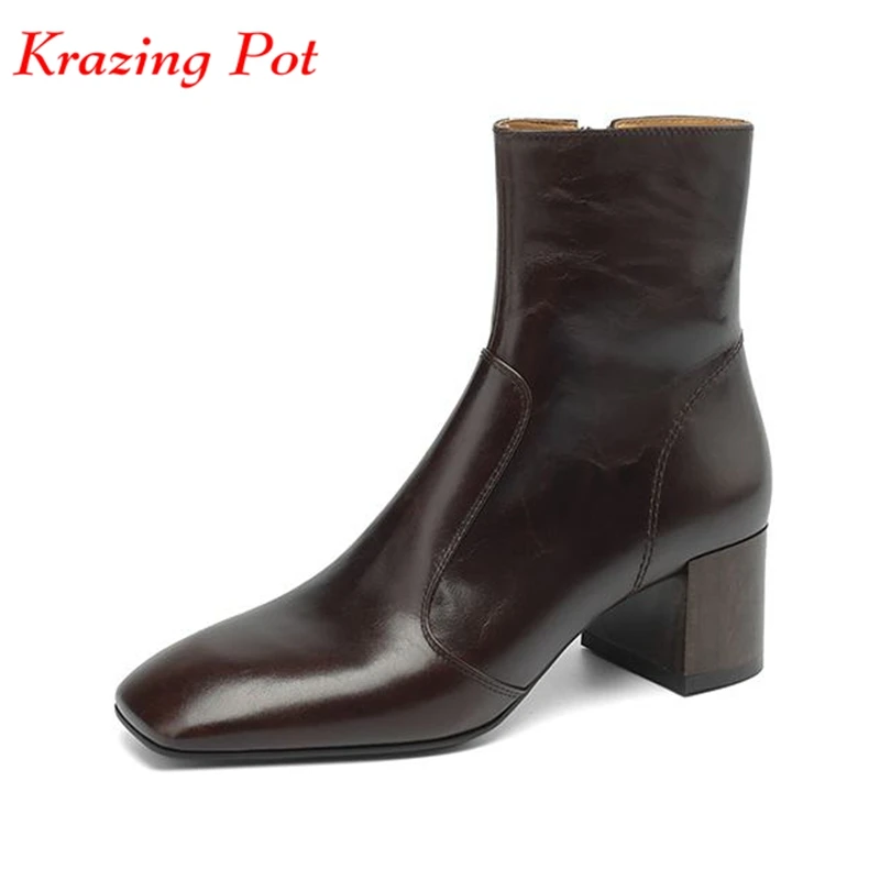 

Krazing Pot Cow Leather Round Toe Winter Warm Modern Boots Thick High Heels Zipper Office Lady Concise Style Retro Ankle Boots