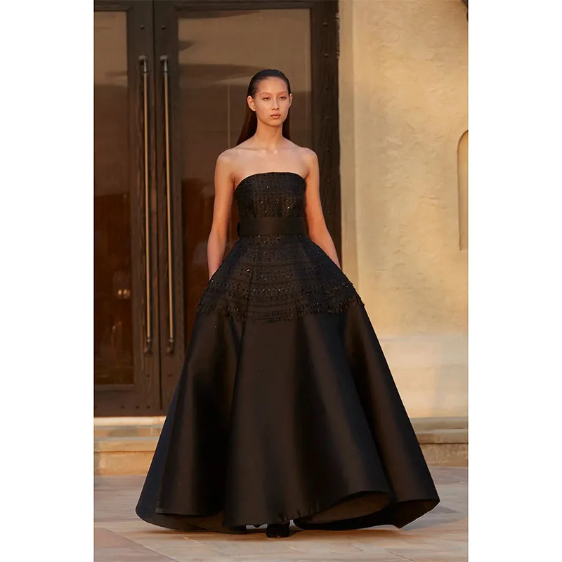 

Sexy Black Evening Dresses 2024 Strapless A-Line Floor-Length Satin Prom Dress Party Wear Custom Made Formal Occasion Gowns