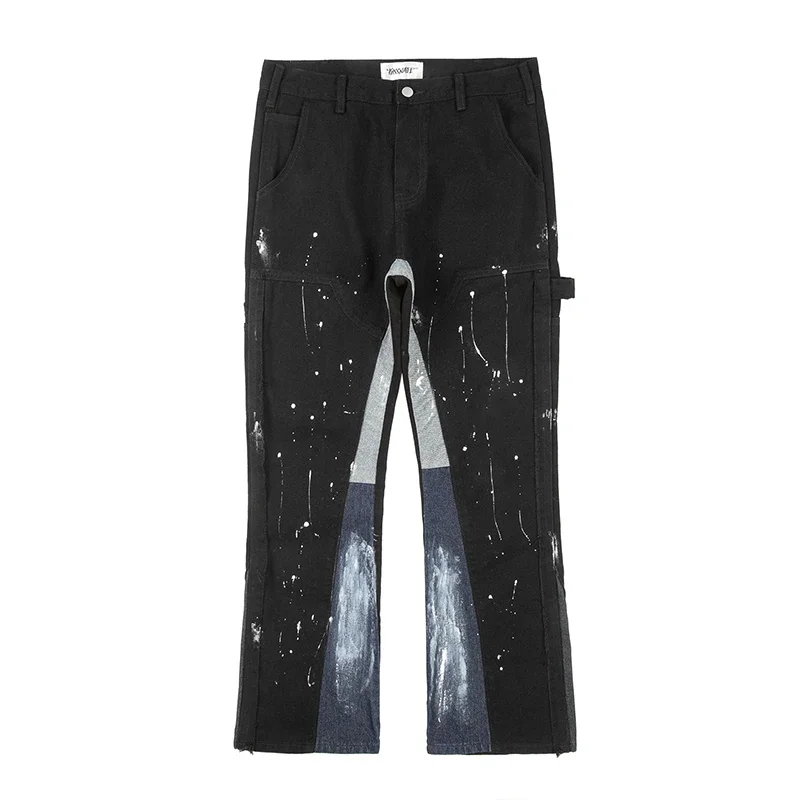 

High Street Trendy Brand Hip Hop Color Contrast Splicing Spot Ink Paint Micro La Men's and Women's Same Y2K Cowboy Pants