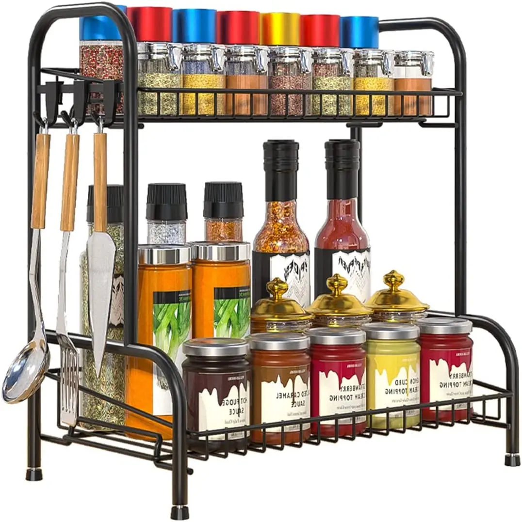 Seasoning Stand Rack Kitchen Countertop Organizer 2 Tier Kitchen Metal Spice Tray Bathroom Storage Shelf Counter with 3 Hooks
Seasoning Stand Rack Kitchen Countertop Organizer 2 Tier Kitchen Metal Spice Tray Bathroom Storage Shelf Counter with 3 Hooks