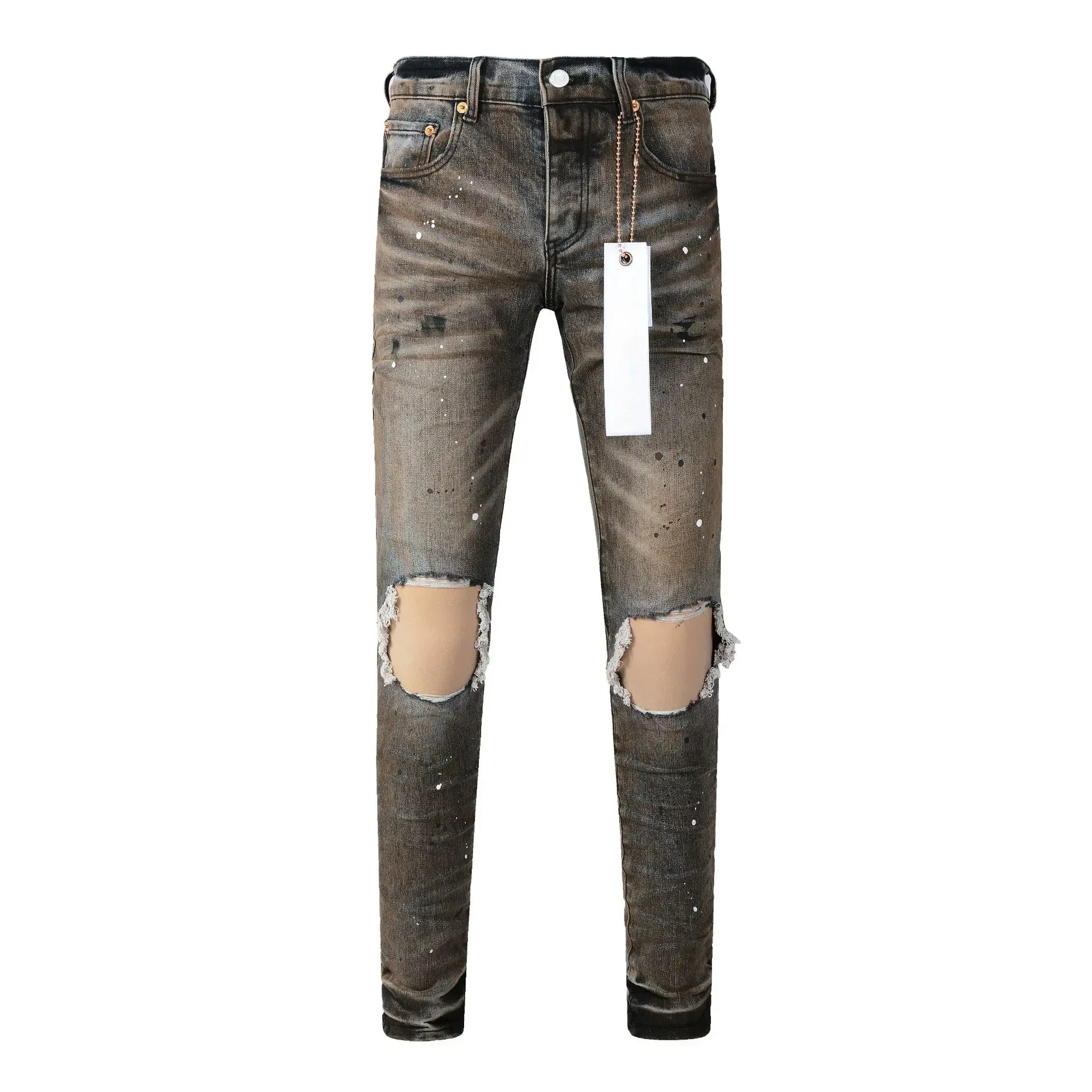 

2024 New Purple ROCA Brand jeans with high street distressed dual tone wash Repair Low Rise Skinny Denim pants