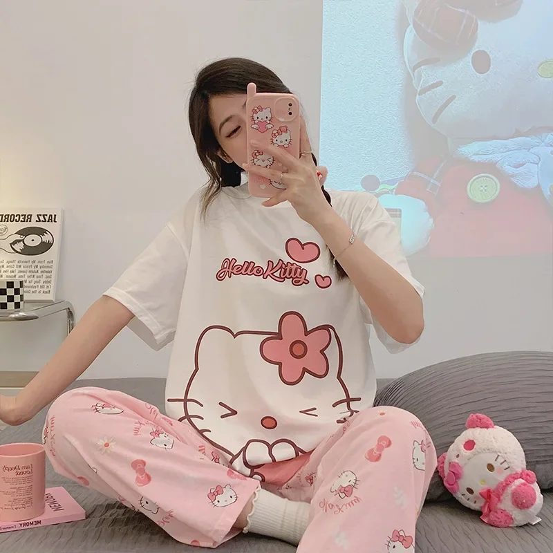 

Sanrio Hello Kitty Cute Cartoon Kt Cat Pajamas Female Round Neck Short-Sleeved Trousers Hellokitty Home Service Suit Gift