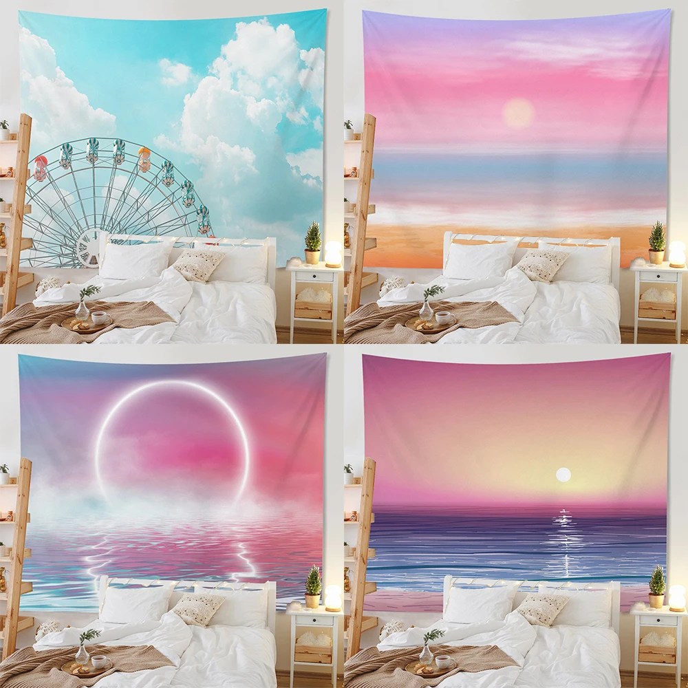 

Summer Seaside Sunset Natural Scenery Tapestry Home Decoration Living Room Bedroom Wall Hanging Background