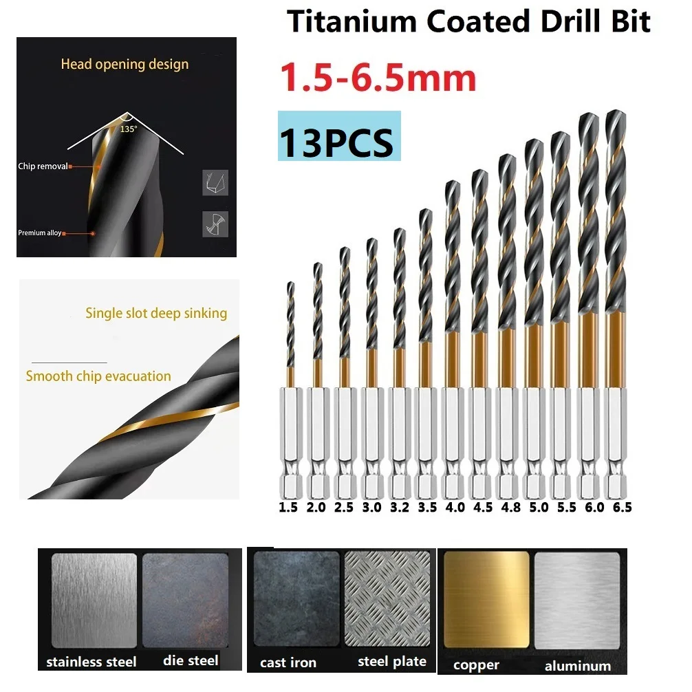 Drills Drill Bit Titanium Coated 1.5-6.5mm 1/4 Hex Shank 13pcs 6.35mm Shank Accessory Adapter High Speed Steel
Drills Drill Bit Titanium Coated 1.5-6.5mm 1/4 Hex Shank 13pcs 6.35mm Shank Accessory Adapter High Speed Steel