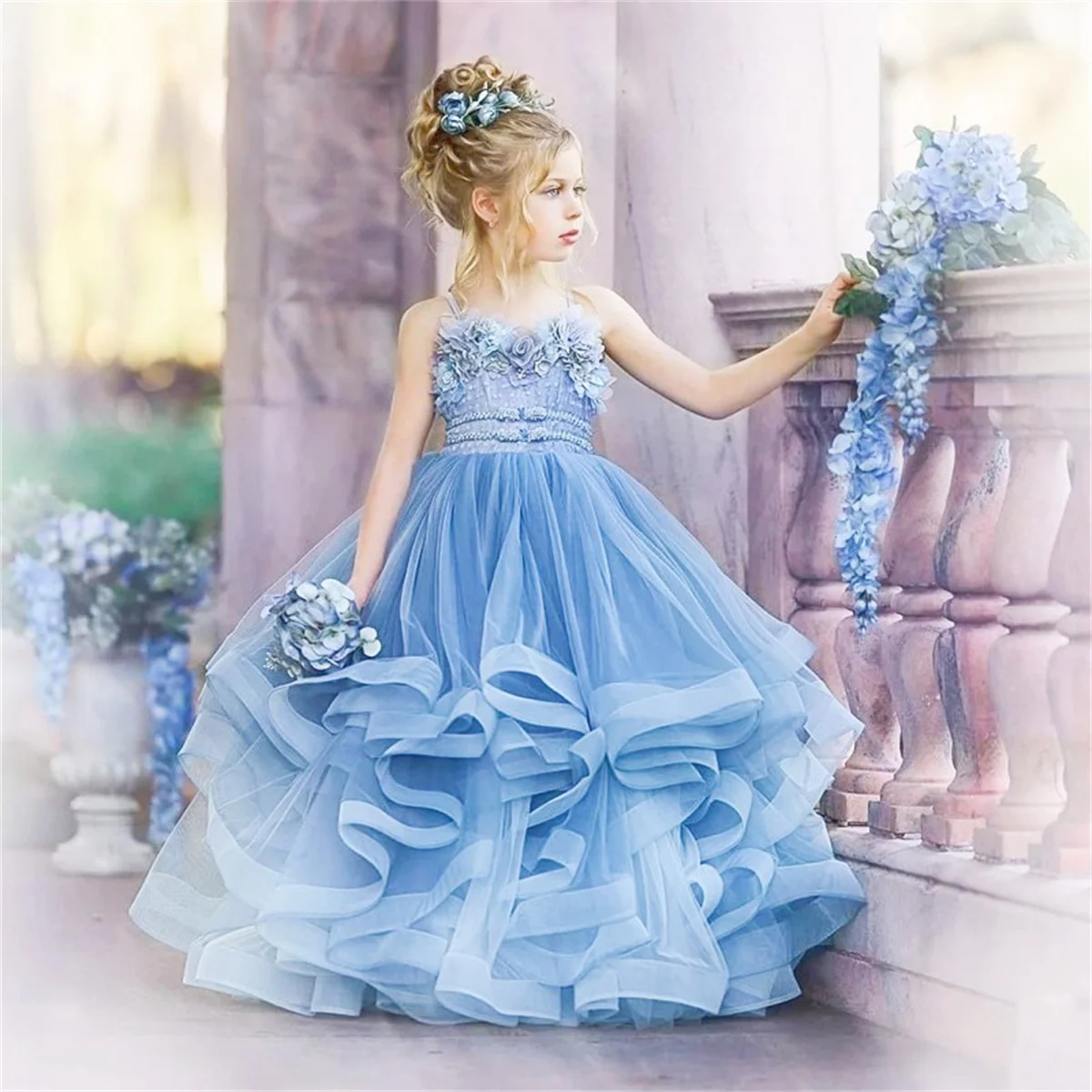 

Fluffy Tulle Long Sleeveless Decal Flower Girl Dress Wedding Little Flower Children's Holy Communion Celebration Dress