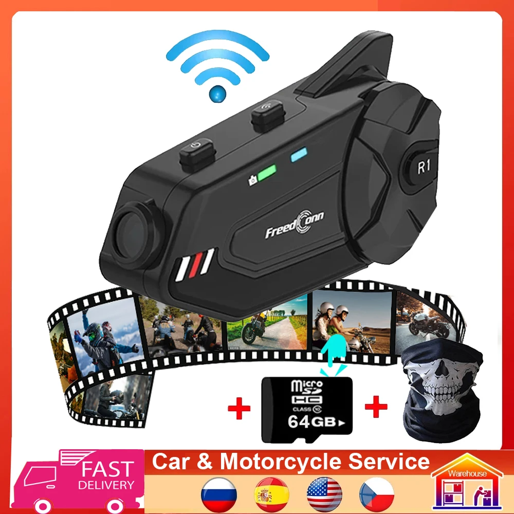 

Freedconn R1 Plus Wifi Motorcycle Video Recorder DVR BT 5.0 Group talk 6 Riders Intercom 1080P Helmet Interphone Headset