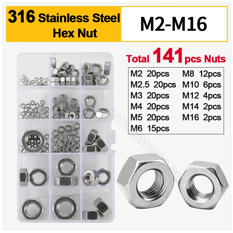 141pcs/Set Hexagon Nuts Assortment Kit M2 M2.5 M3 M4 M5 M6 M8 M10 M12 M14 M16 316 A4 Stainless Steel Metric Hex Nuts Set DIN934
141pcs/Set Hexagon Nuts Assortment Kit M2 M2.5 M3 M4 M5 M6 M8 M10 M12 M14 M16 316 A4 Stainless Steel Metric Hex Nuts Set DIN934